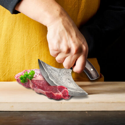 Premium Hand-Forged Damascus Steel Ulu Knife/ Pizza Cutter with Leather Cover